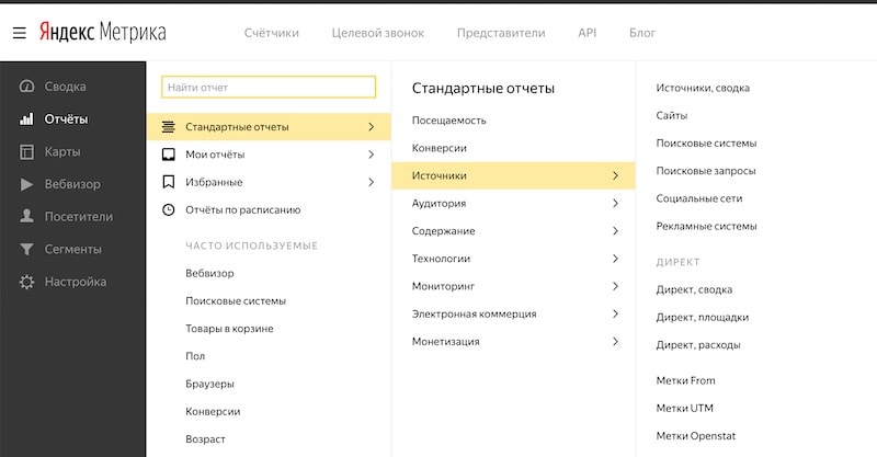 Где искать отчет Источники в Яндекс.Метрике